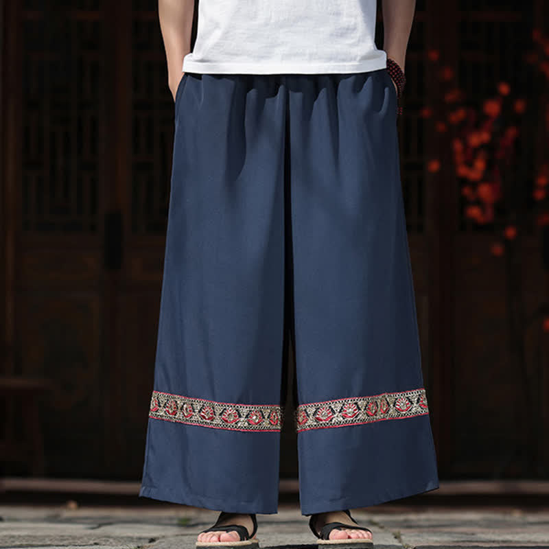 Nimara Ritual Summer Cotton Embroidered Hem Elastic Waist Men's Cropped Wide Leg Pants With Pockets