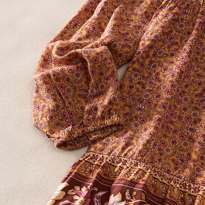 Nimara Ritual Fall Boho Floral Paisley Cotton Bracelet Sleeve Women's Mini Dress with Puff Sleeves and Tie Neck