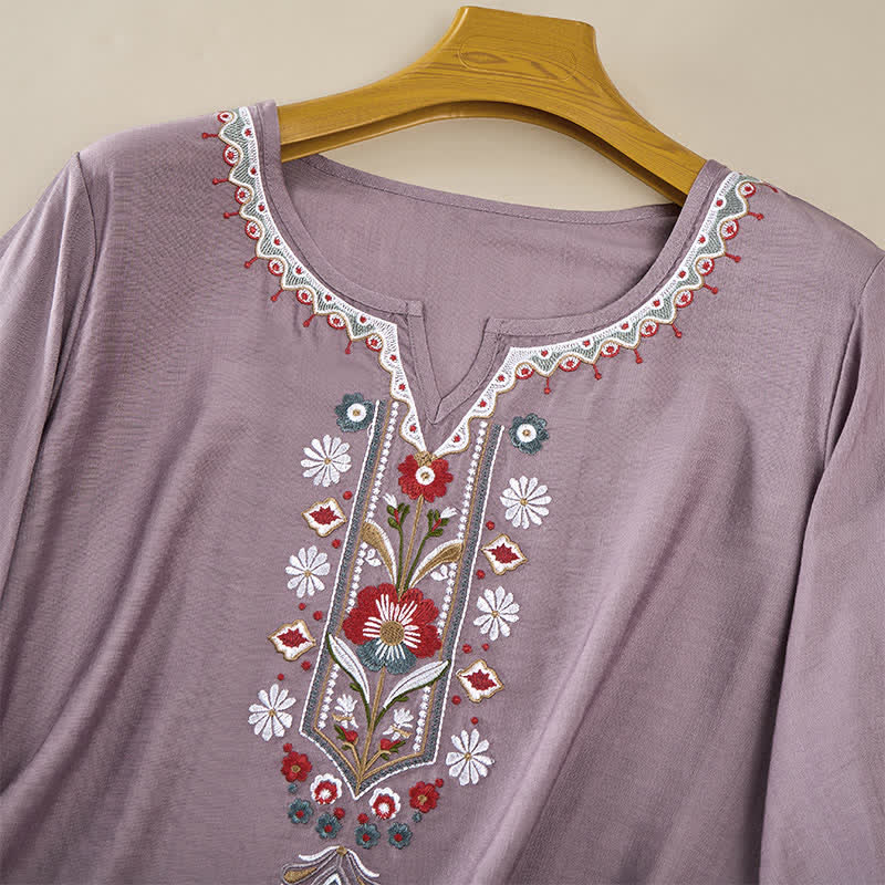 Nimara Ritual Spring Boho Embroidered Elbow-Length Sleeve Women's T-Shirts