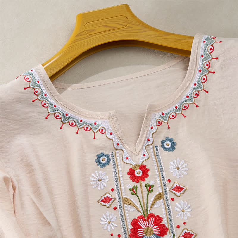Nimara Ritual Spring Boho Embroidered Elbow-Length Sleeve Women's T-Shirts