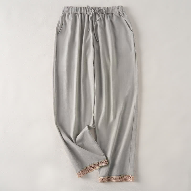 Nimara Ritual Summer Lace-trimmed Hem Solid Color Women's Tapered Pants With Pockets