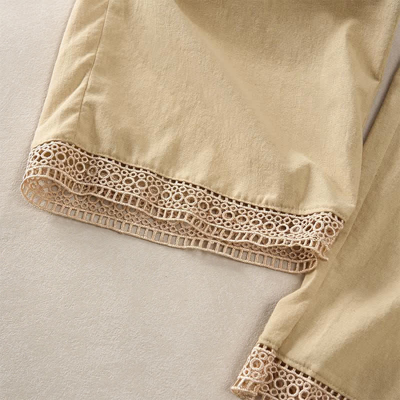 Nimara Ritual Summer Lace-trimmed Hem Solid Color Women's Tapered Pants With Pockets