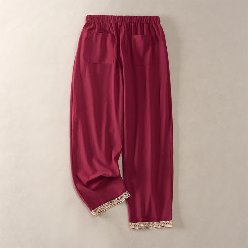 Nimara Ritual Summer Lace-trimmed Hem Solid Color Women's Tapered Pants With Pockets