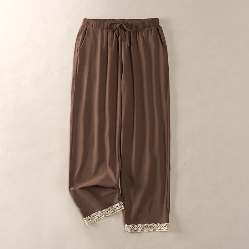 Nimara Ritual Summer Lace-trimmed Hem Solid Color Women's Tapered Pants With Pockets