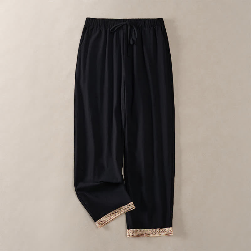 Nimara Ritual Summer Lace-trimmed Hem Solid Color Women's Tapered Pants With Pockets
