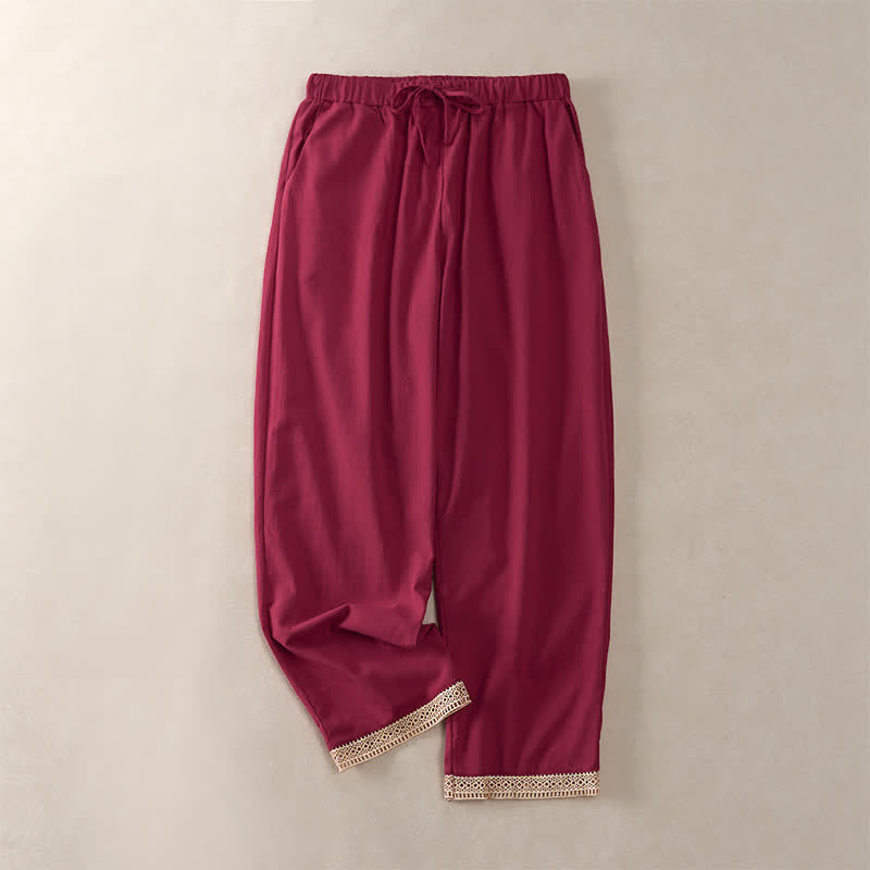 Nimara Ritual Summer Lace-trimmed Hem Solid Color Women's Tapered Pants With Pockets