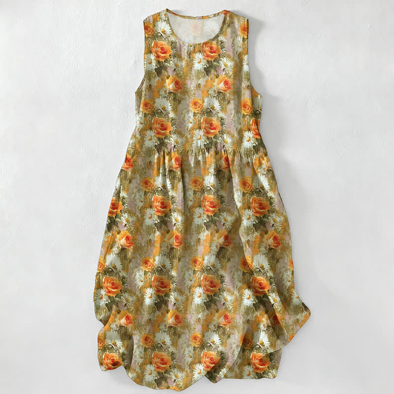 Nimara Ritual Casual Plain Handmade Plaid Midi Dress Cotton Sleeveless Dress With Pockets