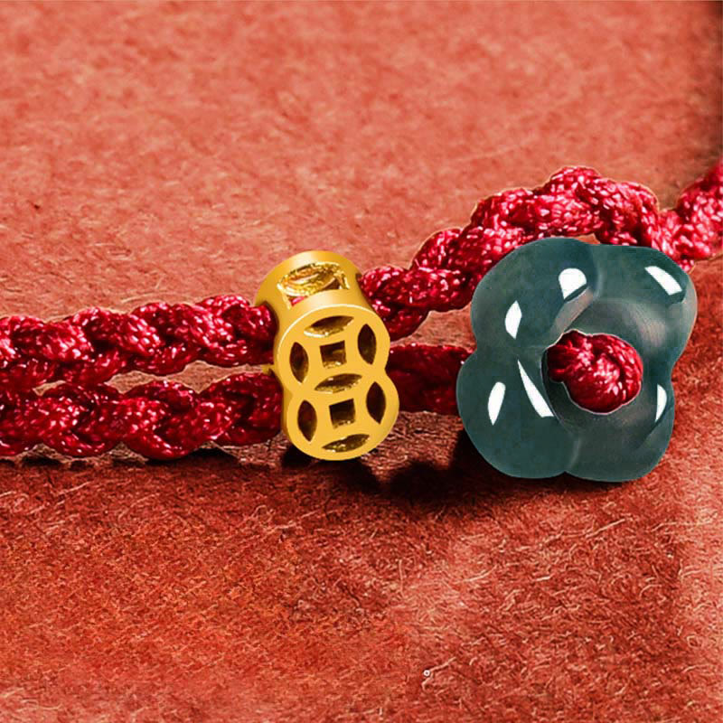 Nimara Ritual Jade Flower Luck Copper Coin Red String Bracelet