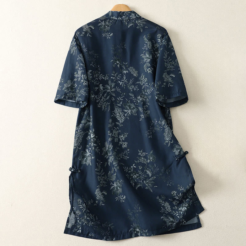 Nimara Ritual Stand Collar Frog-Button Floral Print Pattern Short Sleeve Mini Dress