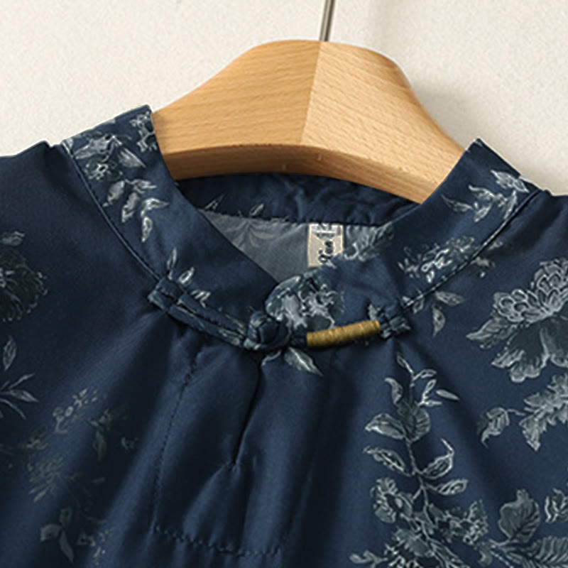 Nimara Ritual Stand Collar Frog-Button Floral Print Pattern Short Sleeve Mini Dress