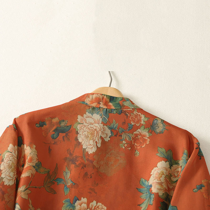 Nimara Ritual Stand Collar Frog-Button Floral Print Pattern Short Sleeve Mini Dress