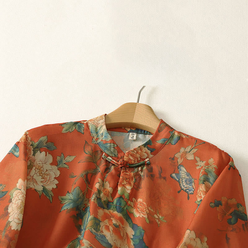 Nimara Ritual Stand Collar Frog-Button Floral Print Pattern Short Sleeve Mini Dress