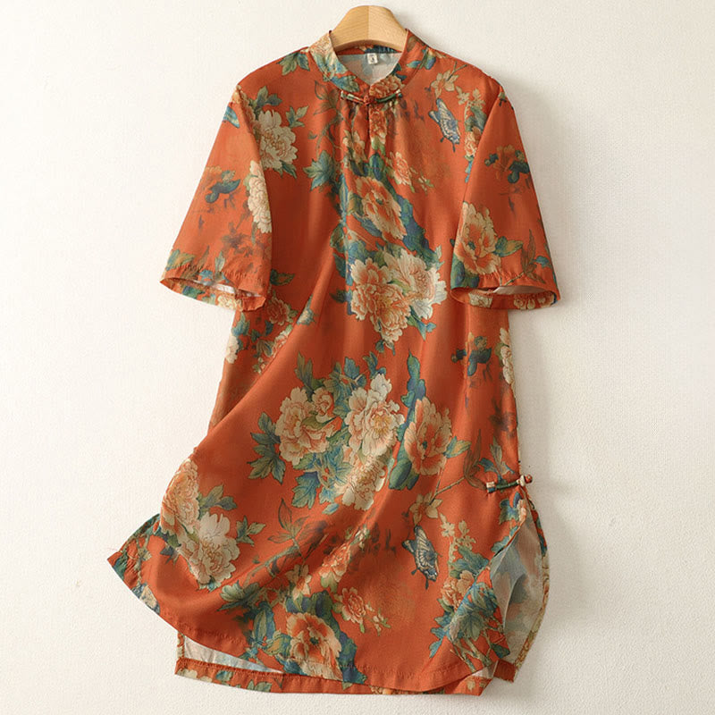 Nimara Ritual Stand Collar Frog-Button Floral Print Pattern Short Sleeve Mini Dress