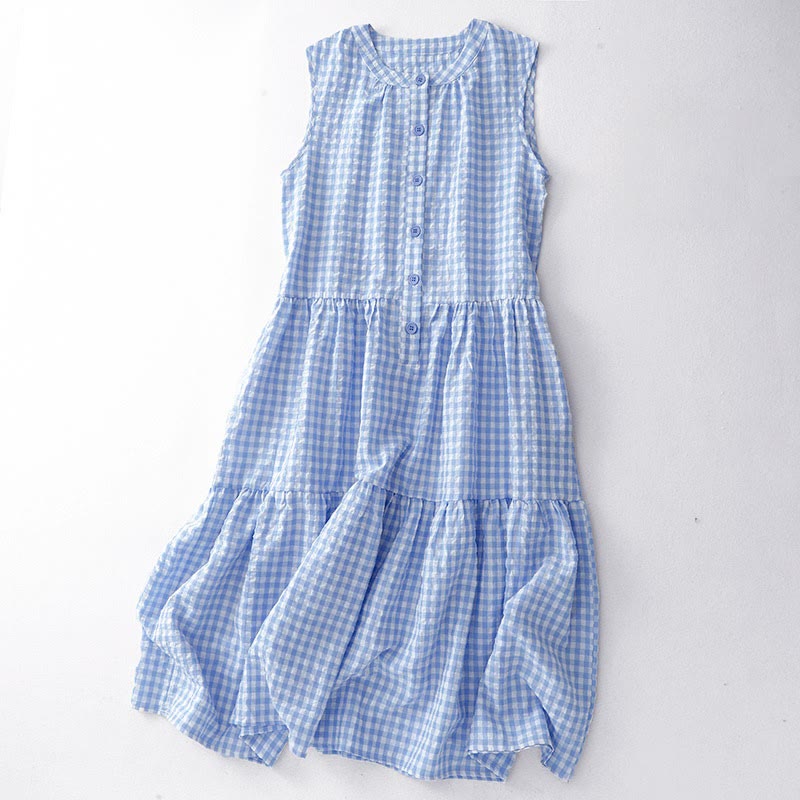 Nimara Ritual Crew Neck Sleeveless Plaid Summer Cotton Knee Length Dress