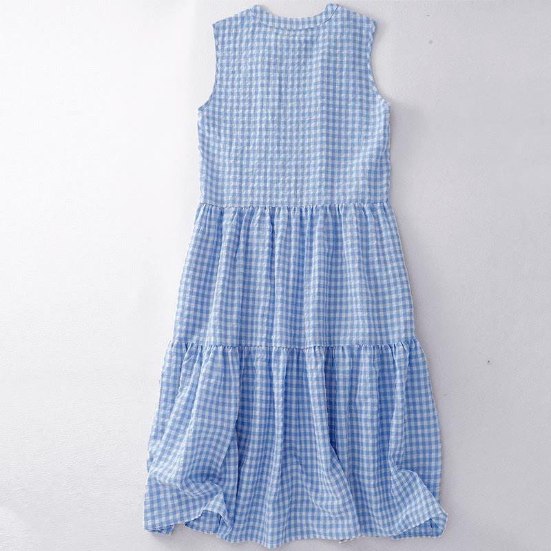 Nimara Ritual Crew Neck Sleeveless Plaid Summer Cotton Knee Length Dress