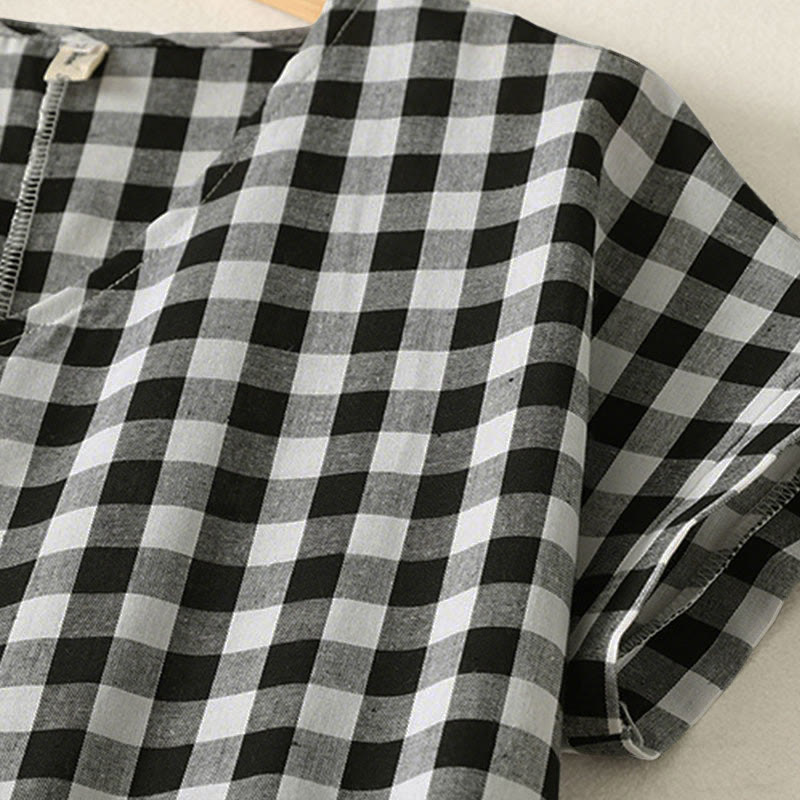 Nimara Ritual Casual V-neck Short Sleeve Cotton Plaid Summer Midi Dress