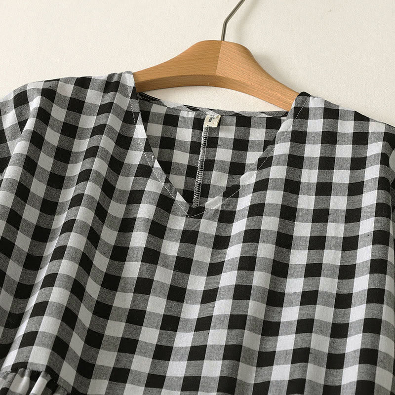 Nimara Ritual Casual V-neck Short Sleeve Cotton Plaid Summer Midi Dress
