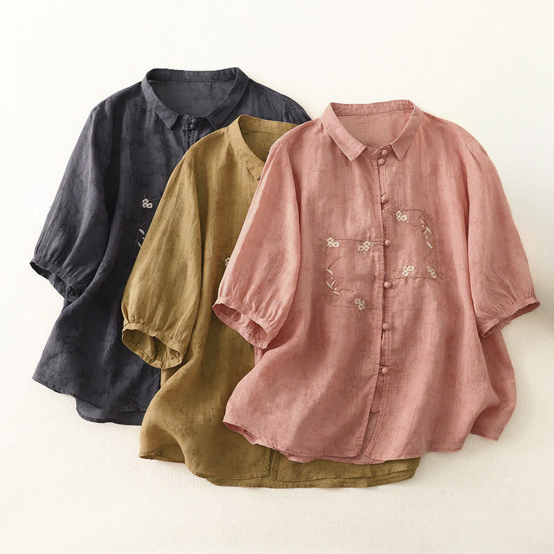 Nimara Ritual Stand Collar Embroidery Button Design Three Quarter Sleeve Summer Women's Shirt