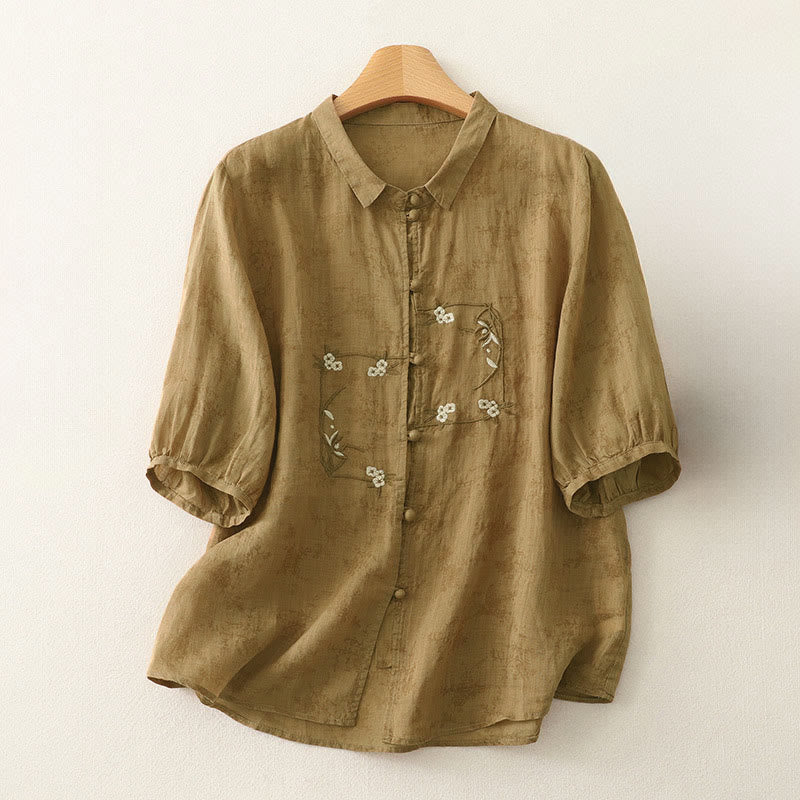 Nimara Ritual Stand Collar Embroidery Button Design Three Quarter Sleeve Summer Women's Shirt