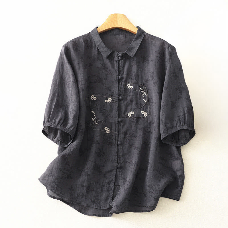 Nimara Ritual Stand Collar Embroidery Button Design Three Quarter Sleeve Summer Women's Shirt