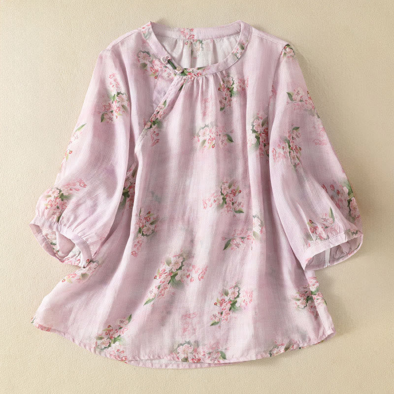 Nimara Ritual Crew Neck Casual Frog-Button Floral Print Pattern Blouse Half Sleeve Women's Shirts