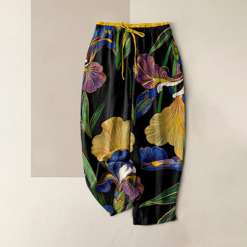 Nimara Ritual Cotton Colorful Iris Floral Elastic Waist Drawstring Women's Pants With Pockets