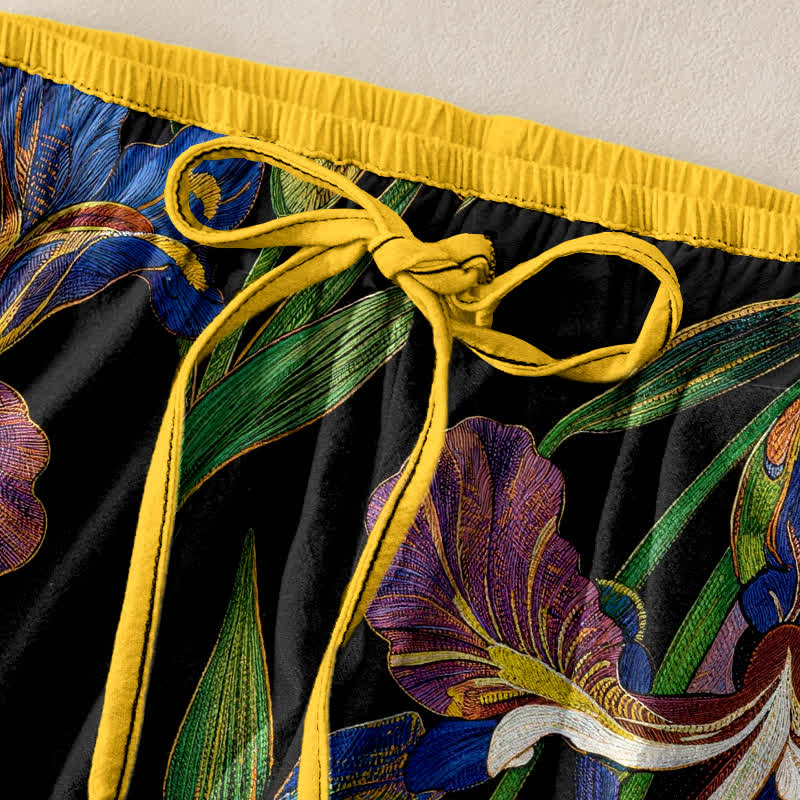 Nimara Ritual Cotton Colorful Iris Floral Elastic Waist Drawstring Women's Pants With Pockets