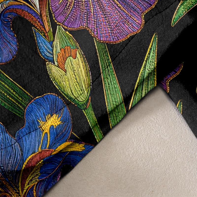 Nimara Ritual Cotton Colorful Iris Floral Elastic Waist Drawstring Women's Pants With Pockets