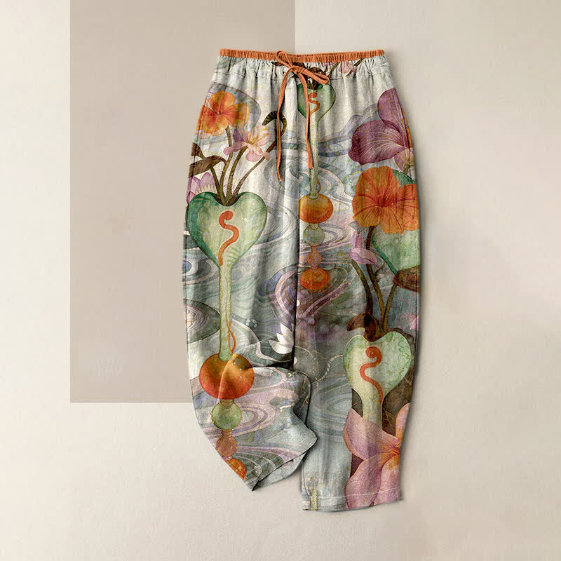 Nimara Ritual Flower Pattern Drawstring Elastic Waist Women's Cotton Pants With Pockets