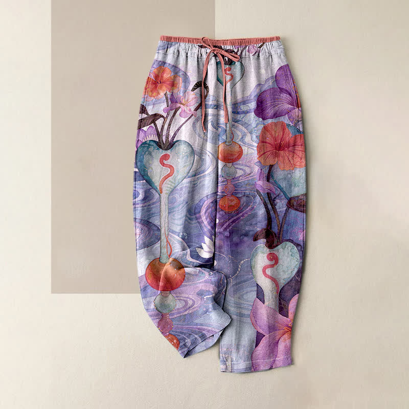 Nimara Ritual Flower Pattern Drawstring Elastic Waist Women's Cotton Pants With Pockets