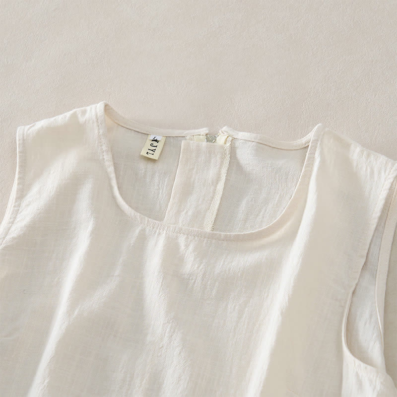 Nimara Ritual Summer Embroidery Hem Back Zipper Design Sleeveless Solid Color Mini Dress With Pockets