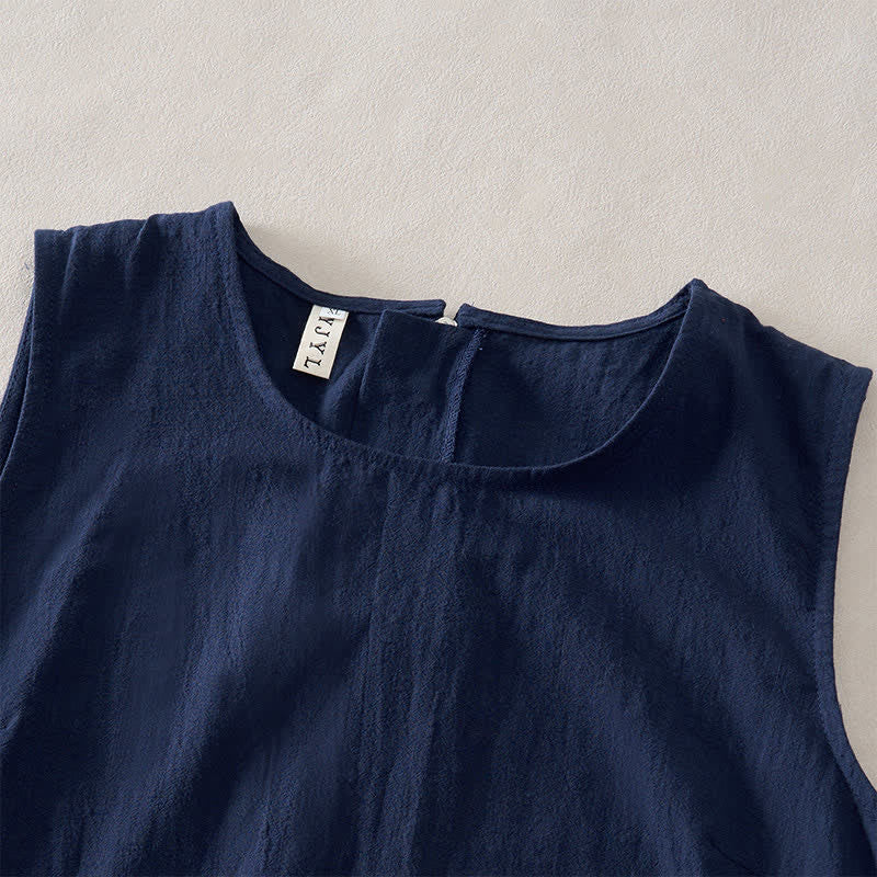 Nimara Ritual Summer Embroidery Hem Back Zipper Design Sleeveless Solid Color Mini Dress With Pockets