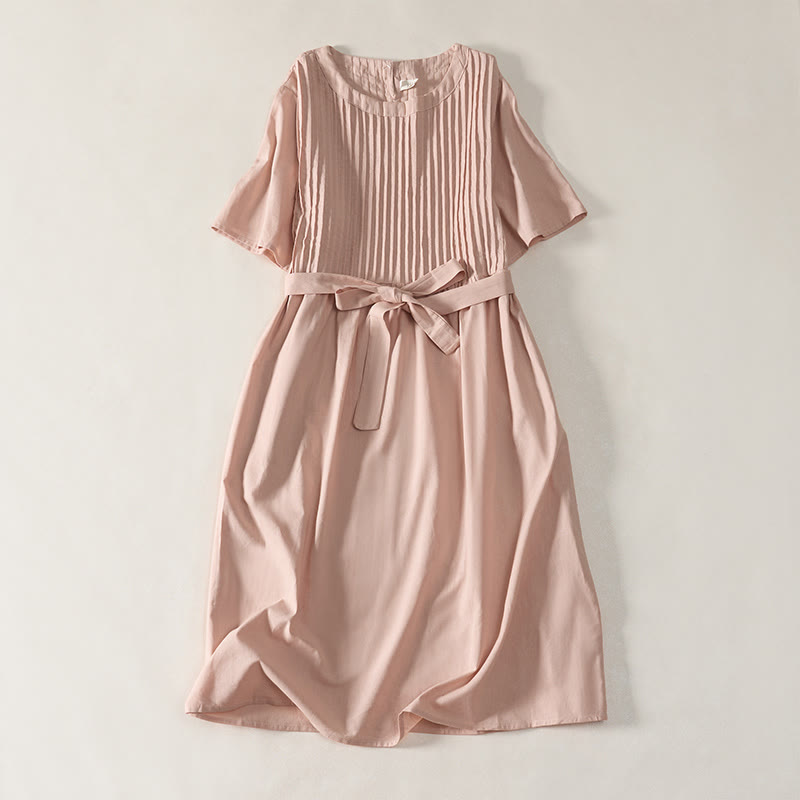 Nimara Ritual Summer Pintuck A Line Knee Length Women's Short Sleeve Dress With Tie Waist Bow