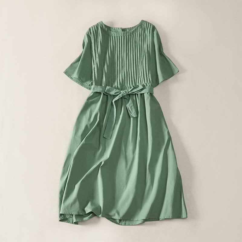 Nimara Ritual Summer Pintuck A Line Knee Length Women's Short Sleeve Dress With Tie Waist Bow