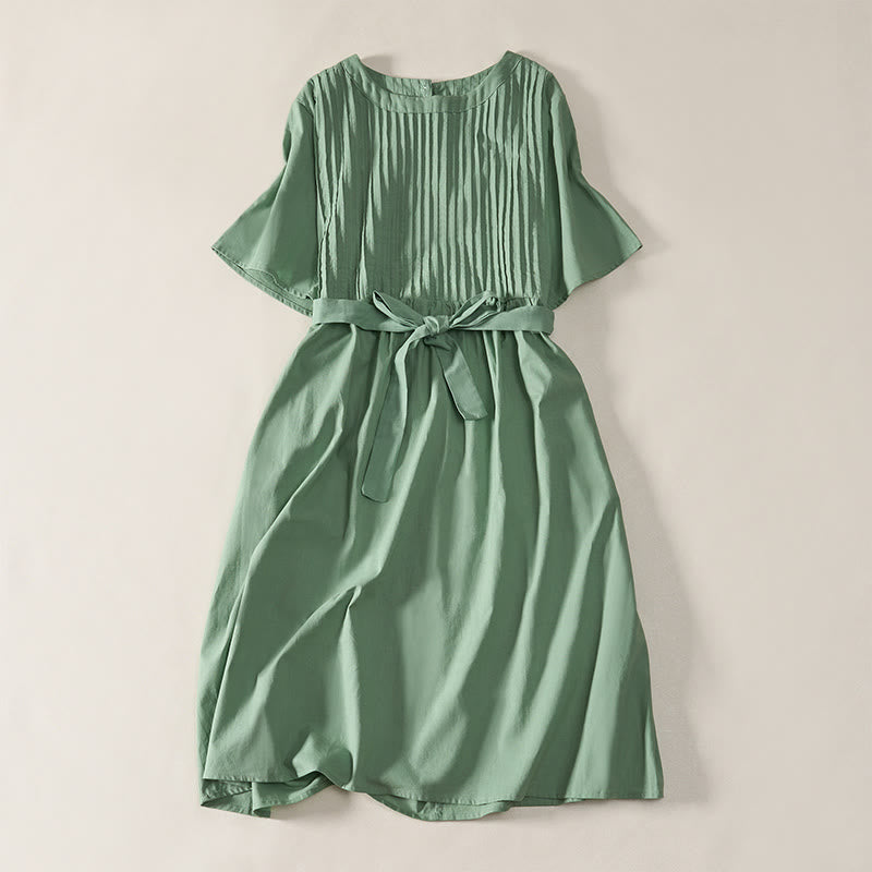 Nimara Ritual Summer Pintuck A Line Knee Length Women's Short Sleeve Dress With Tie Waist Bow