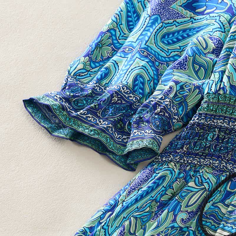 Nimara Ritual Summer Peacock Paisley Tie Waist Viscose Lantern Sleeves Maxi Dress