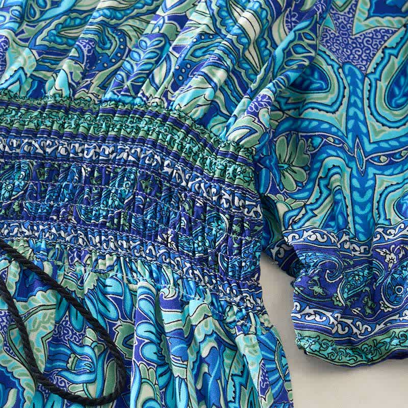 Nimara Ritual Summer Peacock Paisley Tie Waist Viscose Lantern Sleeves Maxi Dress