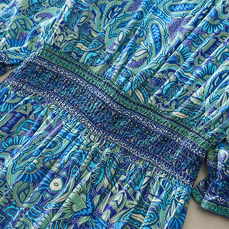 Nimara Ritual Summer Peacock Paisley Tie Waist Viscose Lantern Sleeves Maxi Dress
