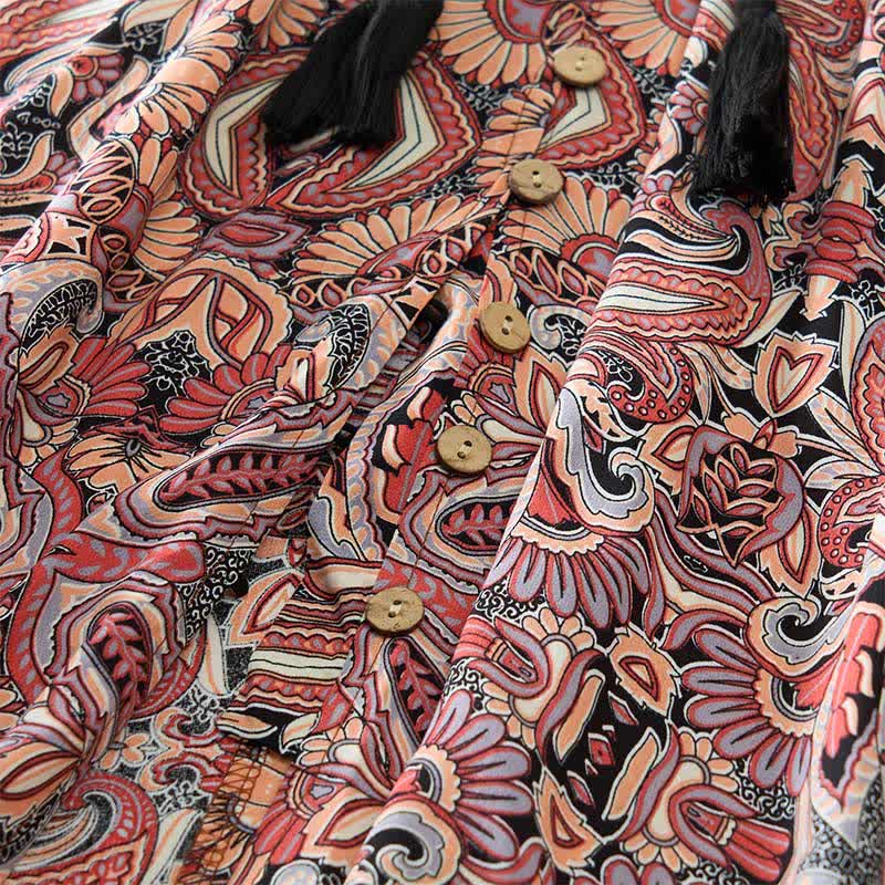 Nimara Ritual Summer Peacock Paisley Tie Waist Viscose Lantern Sleeves Maxi Dress