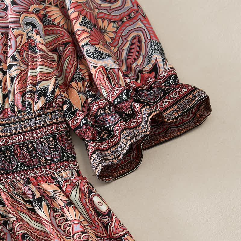 Nimara Ritual Summer Peacock Paisley Tie Waist Viscose Lantern Sleeves Maxi Dress