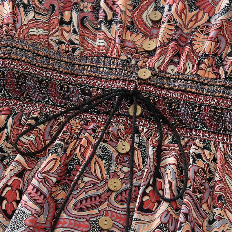 Nimara Ritual Summer Peacock Paisley Tie Waist Viscose Lantern Sleeves Maxi Dress