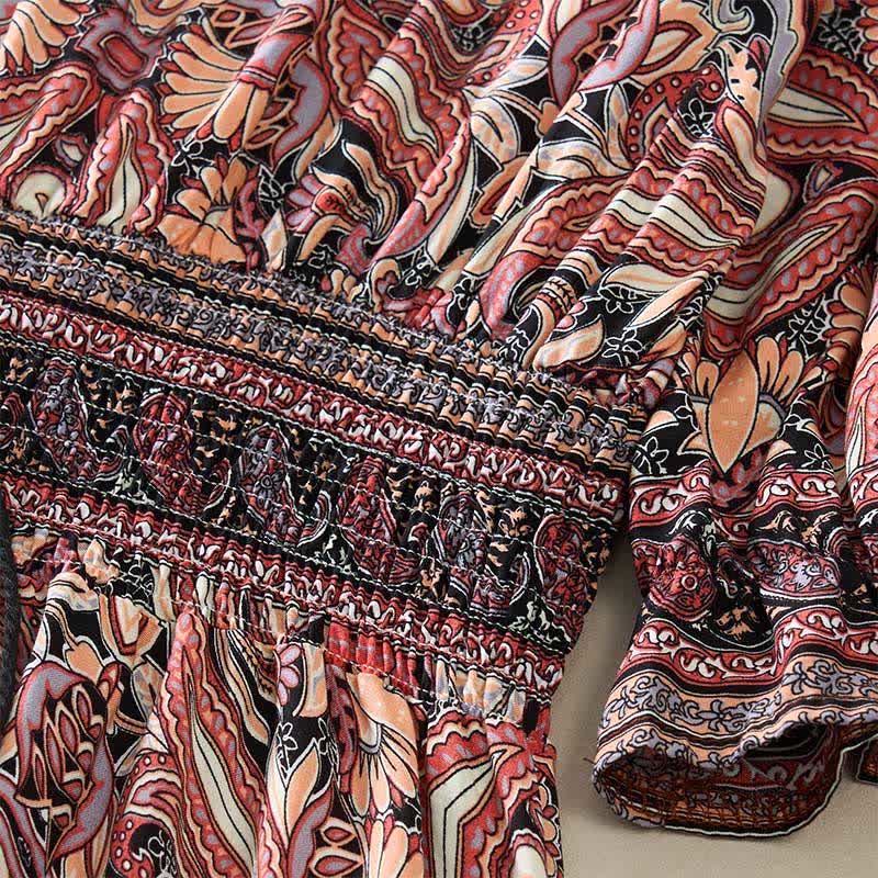Nimara Ritual Summer Peacock Paisley Tie Waist Viscose Lantern Sleeves Maxi Dress