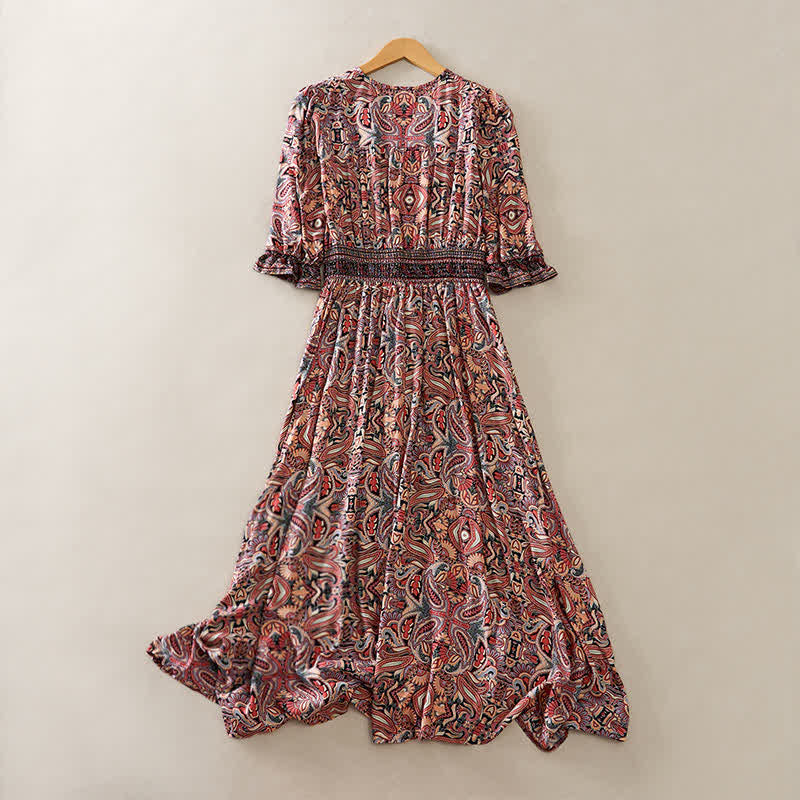 Nimara Ritual Summer Peacock Paisley Tie Waist Viscose Lantern Sleeves Maxi Dress