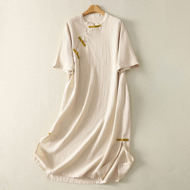 Nimara Ritual Spring Frog-Button Knee Length Cotton Women's Short Sleeve Dress With Pockets