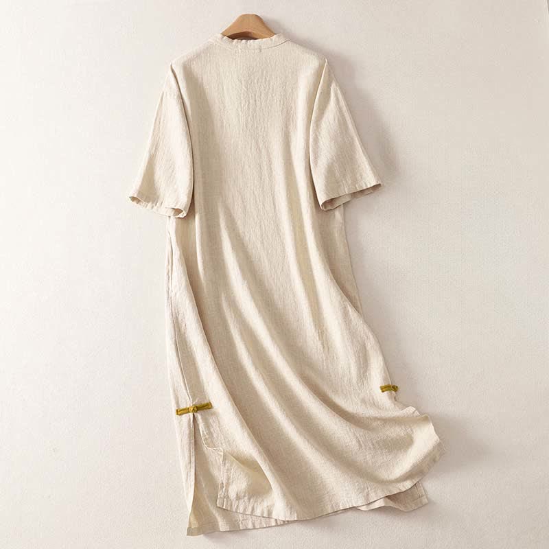 Nimara Ritual Spring Frog-Button Knee Length Cotton Women's Short Sleeve Dress With Pockets