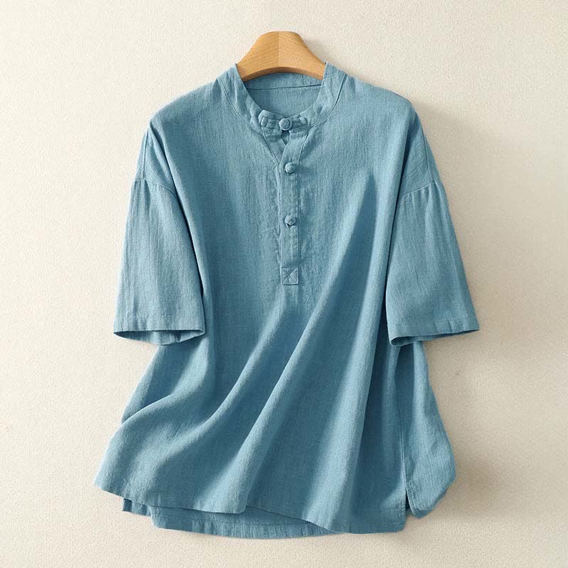 Nimara Ritual Summer Stand Collar Buttons Cotton Women's Short Sleeve Shirt