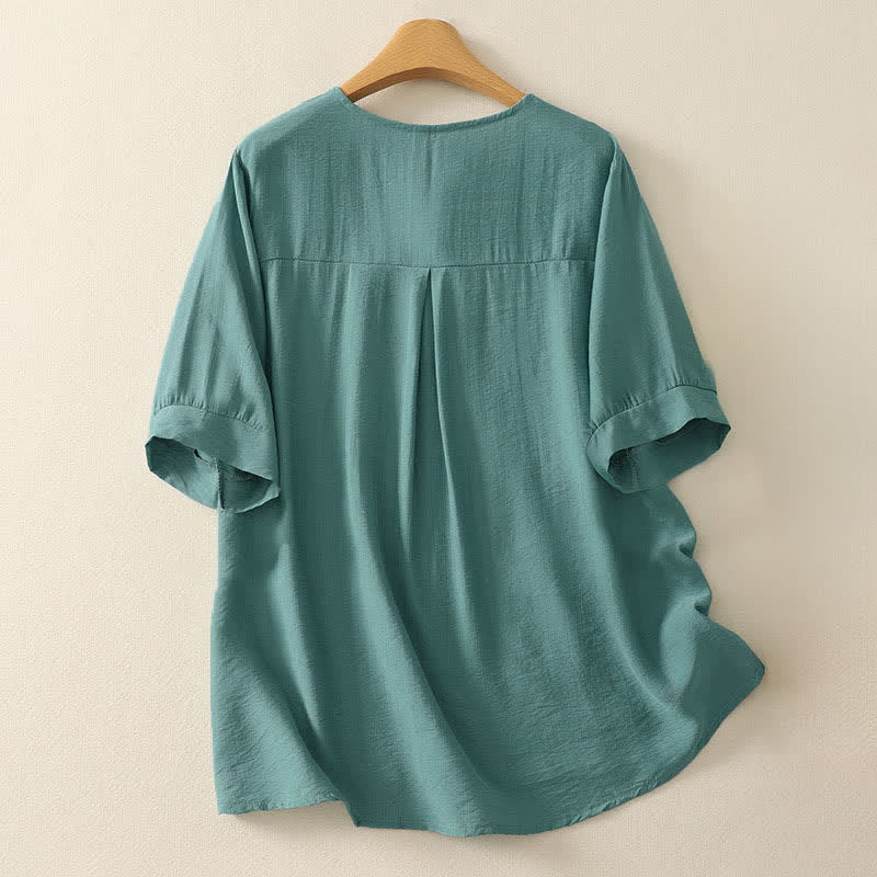 Nimara Ritual Summer Mountain Embroidered Crew Neck Women's Short Sleeve Shirt