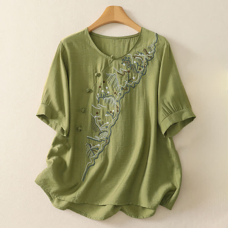 Nimara Ritual Summer Mountain Embroidered Crew Neck Women's Short Sleeve Shirt