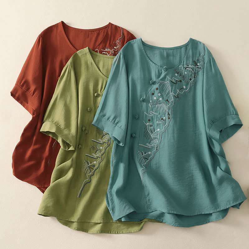 Nimara Ritual Summer Mountain Embroidered Crew Neck Women's Short Sleeve Shirt