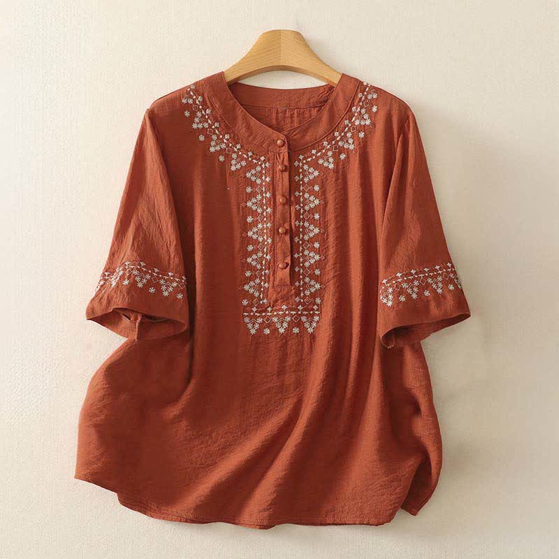 Nimara Ritual Spring Embroidered Cotton Half Buttons Women's Short Sleeve Shirt